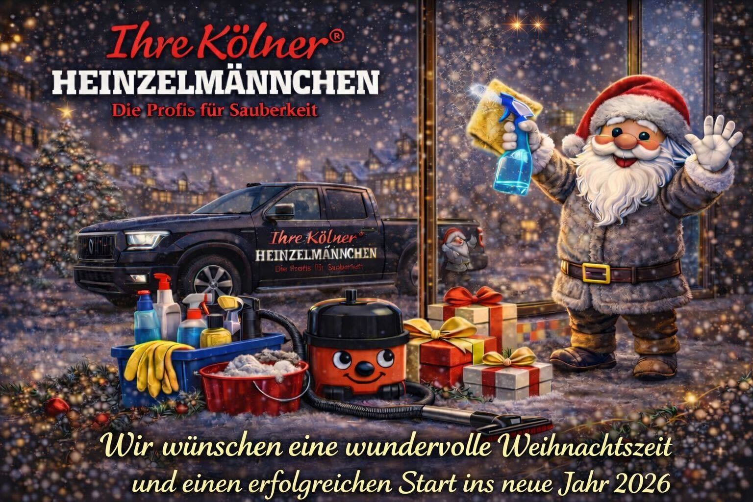 Weihnachtsgrafik mit der Aufschrift: Die Heinzelmännchen wünschen euch fröhliche Weihnachten!